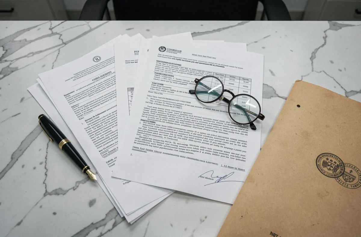 Documents publics officiels et déclarations financières étalés sur une table en marbre, symbolisant l'accès aux informations patrimoniales d'André-Louis Auzière