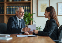 Homme en costume d'affaires échange un dossier avec une femme