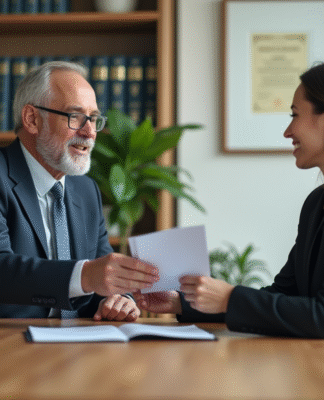 Homme en costume d'affaires échange un dossier avec une femme