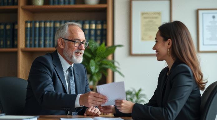 Homme en costume d'affaires échange un dossier avec une femme