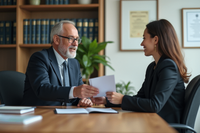 Homme en costume d'affaires échange un dossier avec une femme