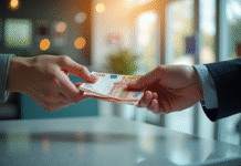 Deux mains échangeant des billets d'euros sur un comptoir moderne