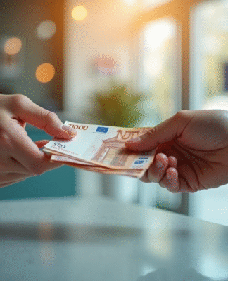 Deux mains échangeant des billets d'euros sur un comptoir moderne