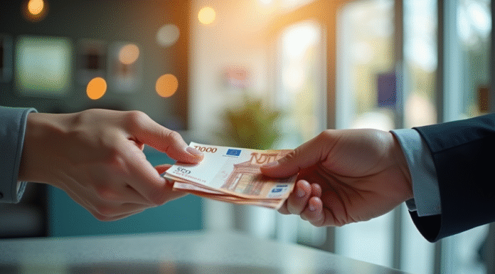 Deux mains échangeant des billets d'euros sur un comptoir moderne