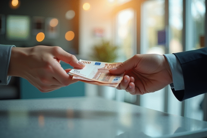 echange-dargent-banque Deux mains échangeant des billets d'euros sur un comptoir moderne