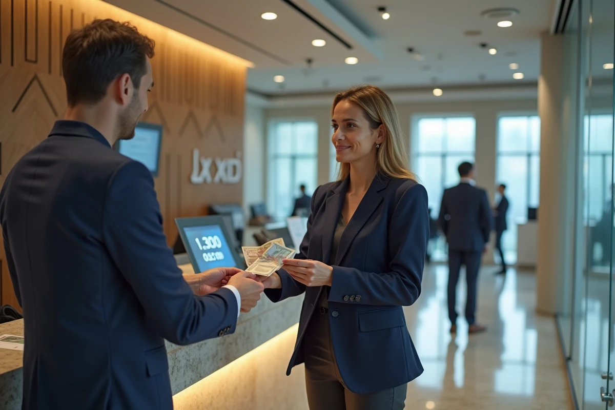 Femme changeant des dirhams marocains en euros au guichet d'une banque marocaine moderne