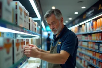 Employé d'un magasin frontalier arrangeant des cartouches de cigarettes Philip Morris sur un présentoir avec étiquettes de prix en euros