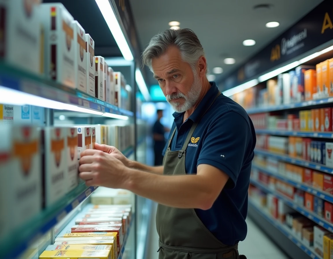 Employé d'un magasin frontalier arrangeant des cartouches de cigarettes Philip Morris sur un présentoir avec étiquettes de prix en euros