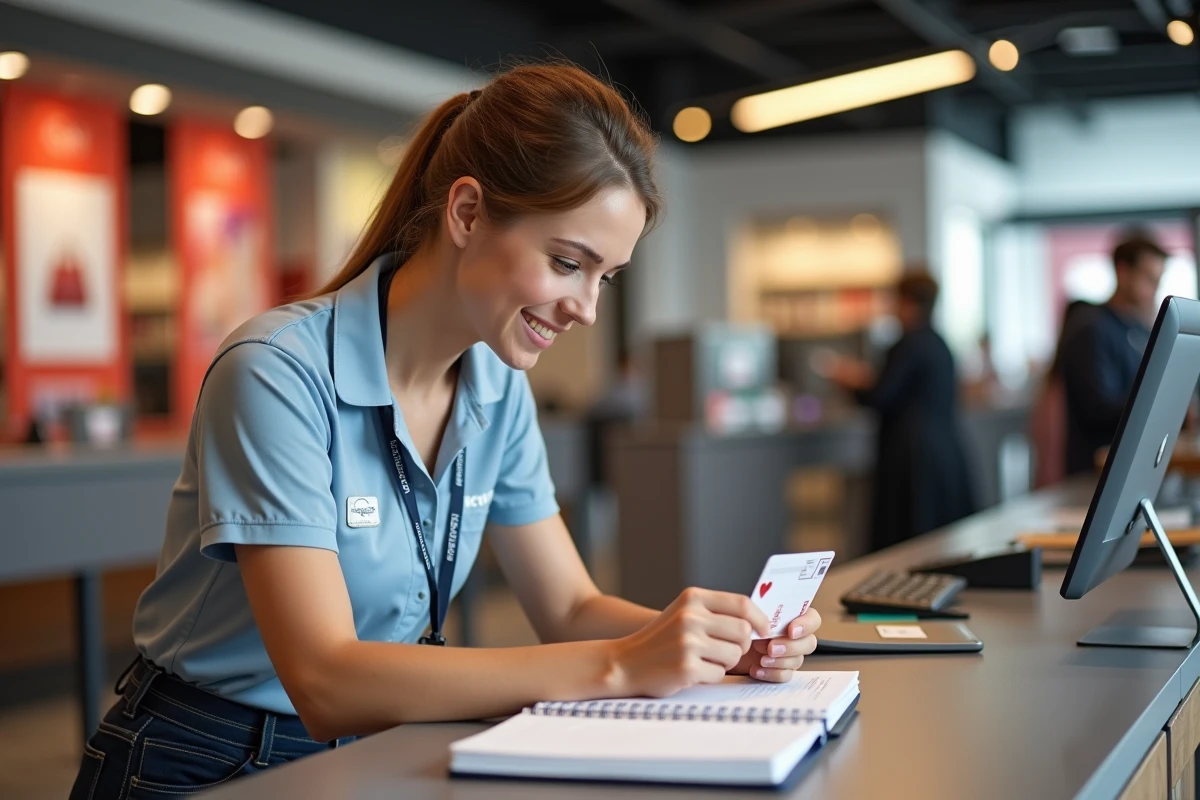 Employée de magasin aidant un client à résoudre un problème de paiement refusé avec une carte cadeau Bimpli
