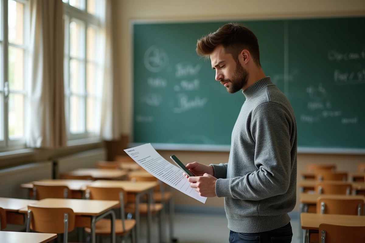 Enseignant vérifiant les échéances de sa fiche de paie dans une salle de classe vide