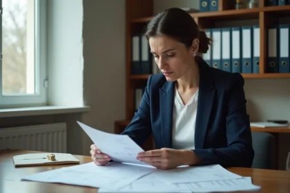 Enseignante examinant son bulletin de salaire éducation nationale à son bureau à domicile
