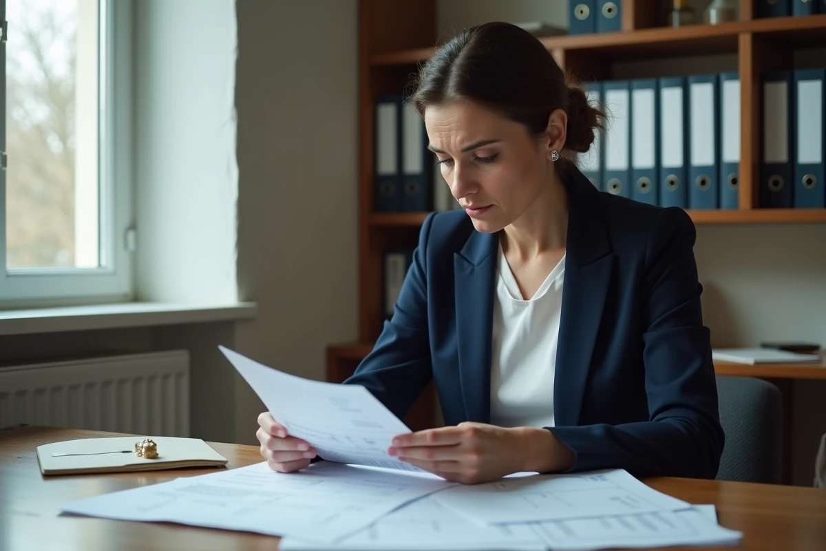 Enseignante examinant son bulletin de salaire éducation nationale à son bureau à domicile