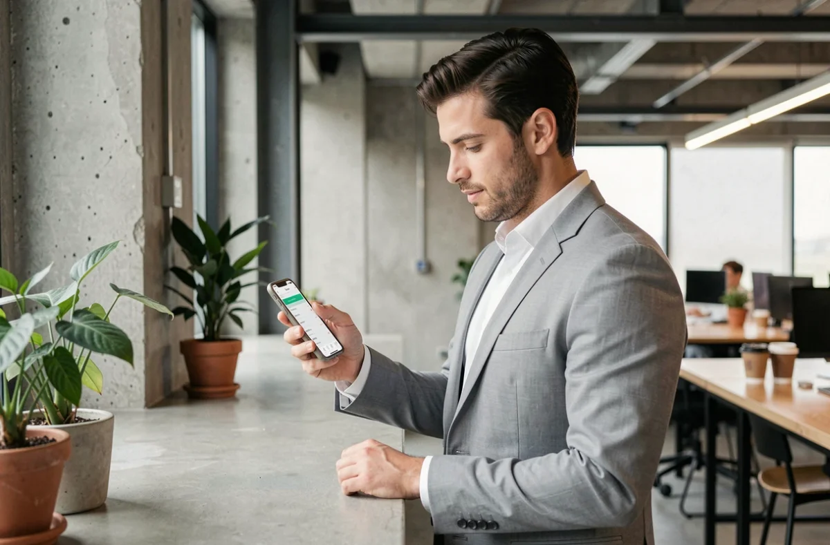 Chef d'entreprise consultant ses virements bancaires en temps réel sur smartphone dans un espace de coworking