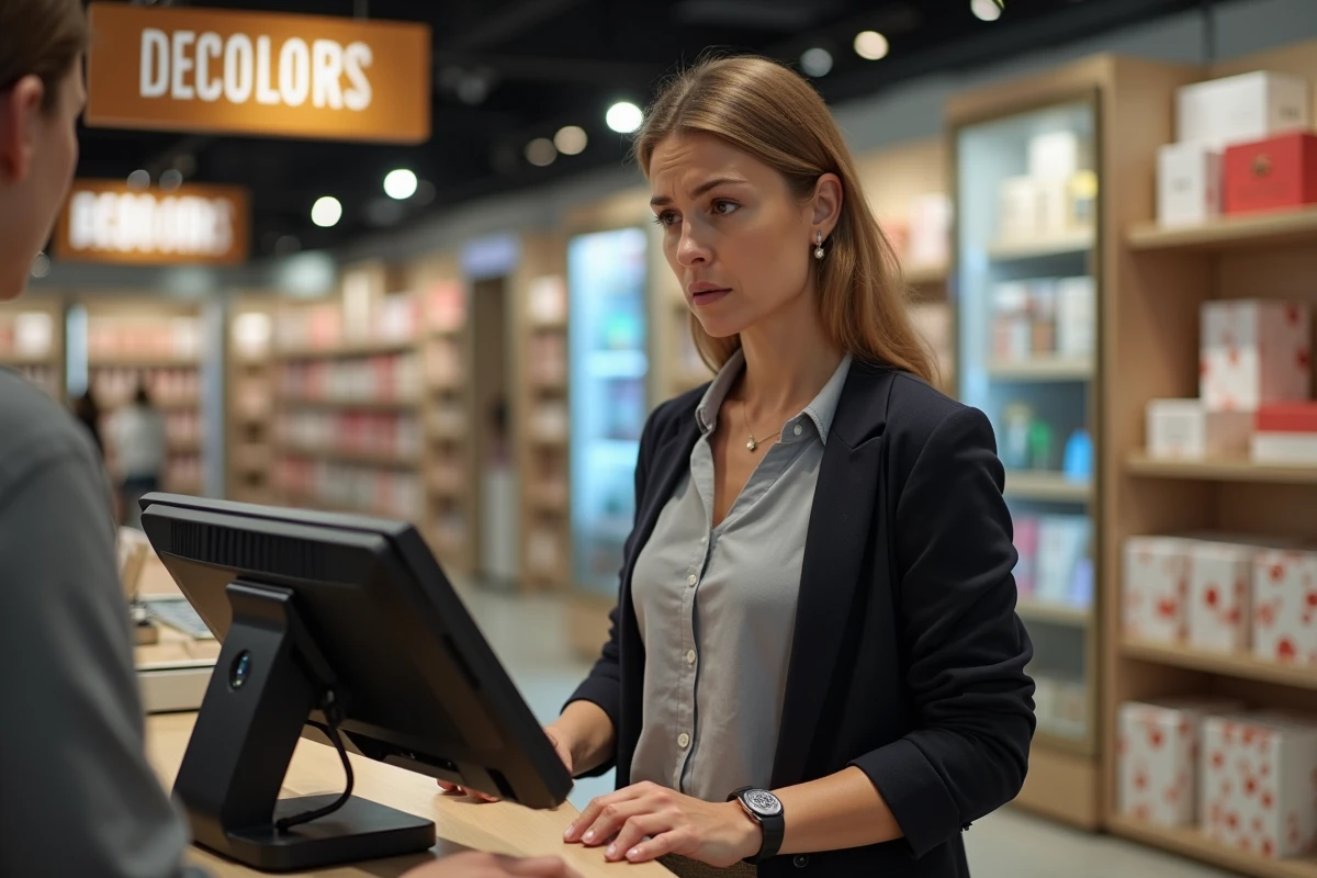 Femme perplexe face à un refus de paiement avec une carte Bimpli CADO enseigne à la caisse d'un magasin