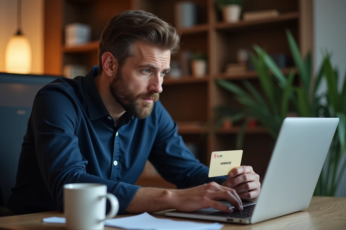 Homme consultant une erreur de paiement en ligne avec sa carte Bimpli CADO enseigne sur son ordinateur portable