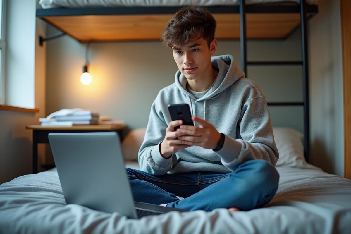 Étudiant vérifiant son droit aux APL sur smartphone dans un studio étudiant meublé