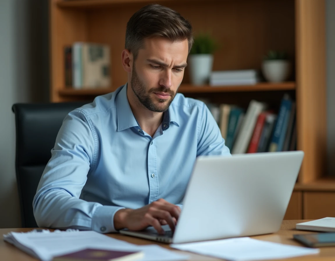 Expatrié en train d'ouvrir un compte bancaire CIC en ligne depuis son bureau à l'étranger