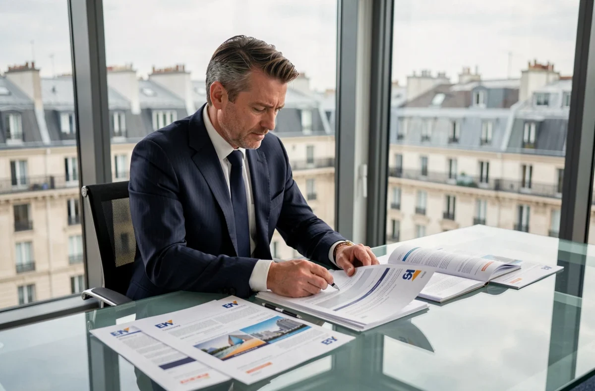 Consultant senior d'EY Paris examinant un rapport d'audit dans un bureau moderne avec vue sur les toits de Paris