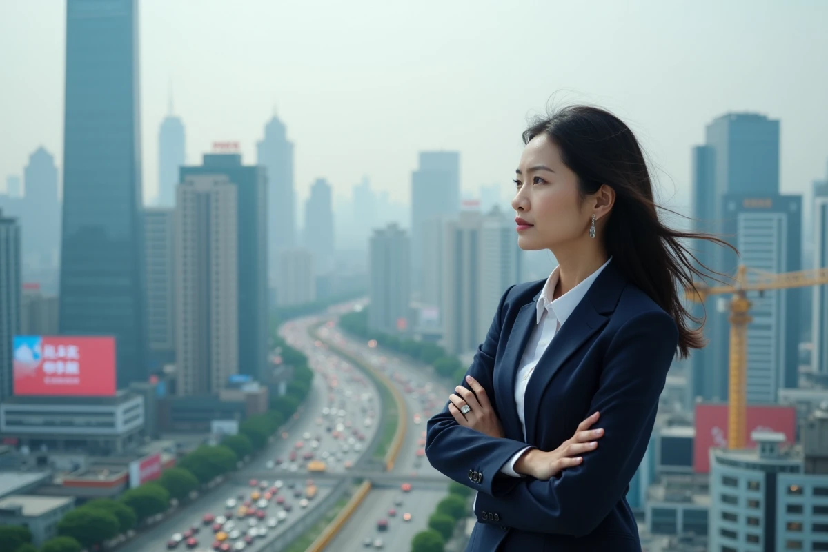 Femme d'affaires asiatique sur un rooftop urbain