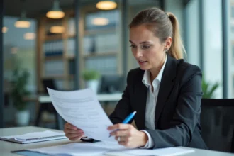 Femme d'affaires examinant une facture dans un bureau moderne