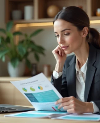 Femme en costume d'affaires examine des brochures d'assurance
