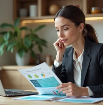 Meilleur bonus assurance : comment choisir le plus avantageux ? Femme en costume d'affaires examine des brochures d'assurance