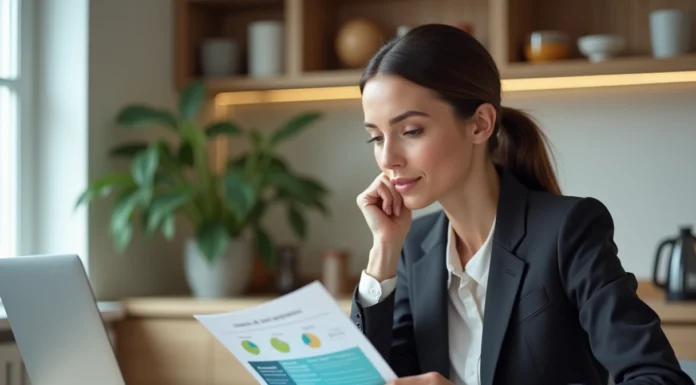 Femme en costume d'affaires examine des brochures d'assurance