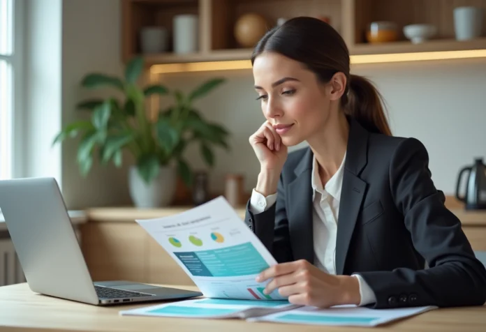 Femme en costume d'affaires examine des brochures d'assurance