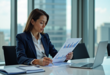 Capitaliser : Signification et importance dans la stratégie financière Femme d'affaires en costume bleu analysant un tableau financier