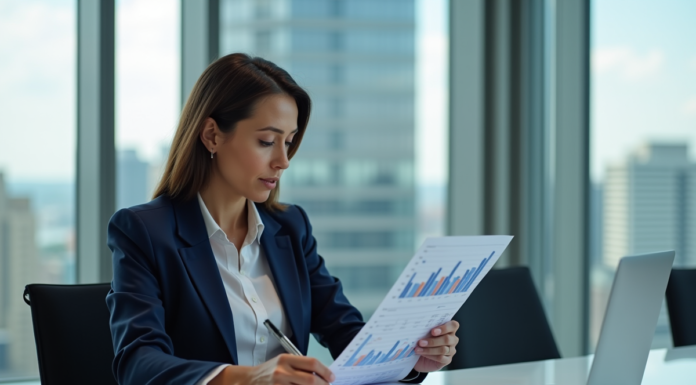 Femme d'affaires en costume bleu analysant un tableau financier