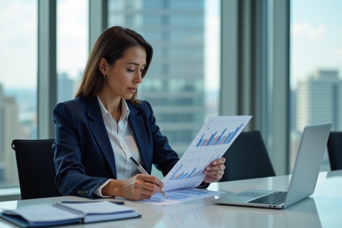 Femme d'affaires en costume bleu analysant un tableau financier
