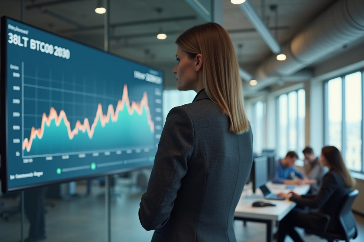 Femme d'affaires devant un tableau de prévisions du cours Bitcoin jusqu'en 2030 dans un bureau fintech