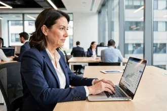 Femme d'affaires consultant son tableau de bord de trésorerie en ligne sur un ordinateur portable dans un bureau moderne