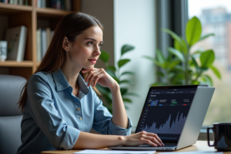 Femme concentrée analysant des graphiques Solana à son bureau