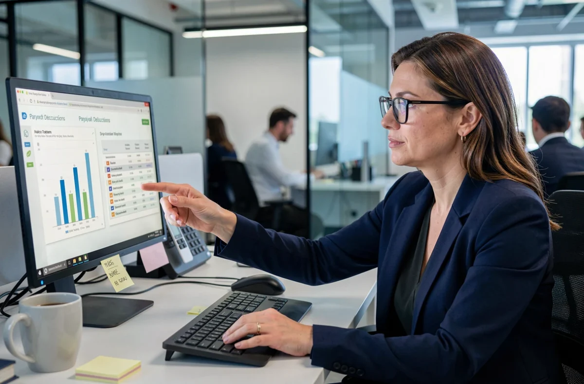 Femme cadre analysant des graphiques de calcul d'impôts et de retenues salariales sur un écran d'ordinateur dans un bureau en open space
