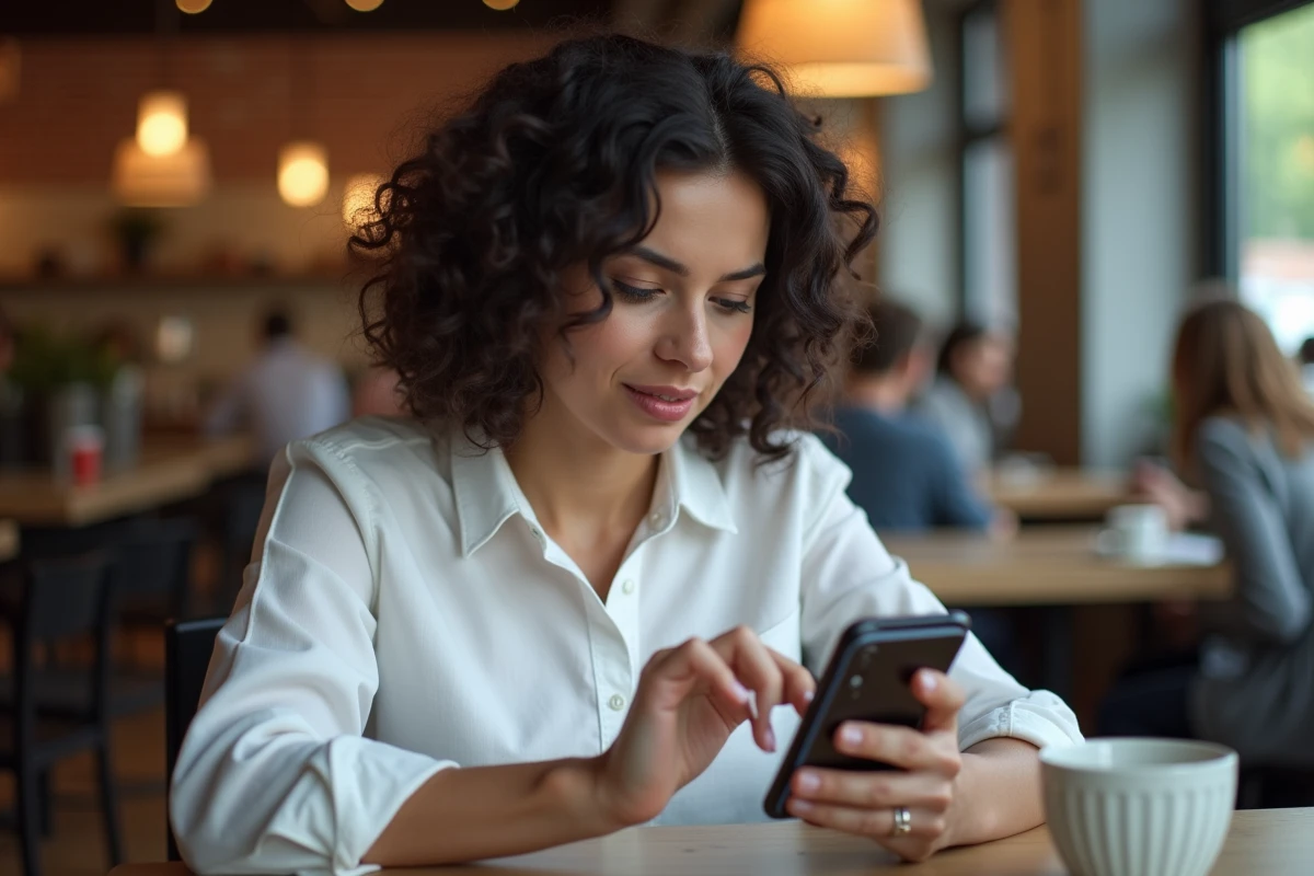 Femme consultant une application de blockchain Robthecoins sur smartphone dans un café moderne