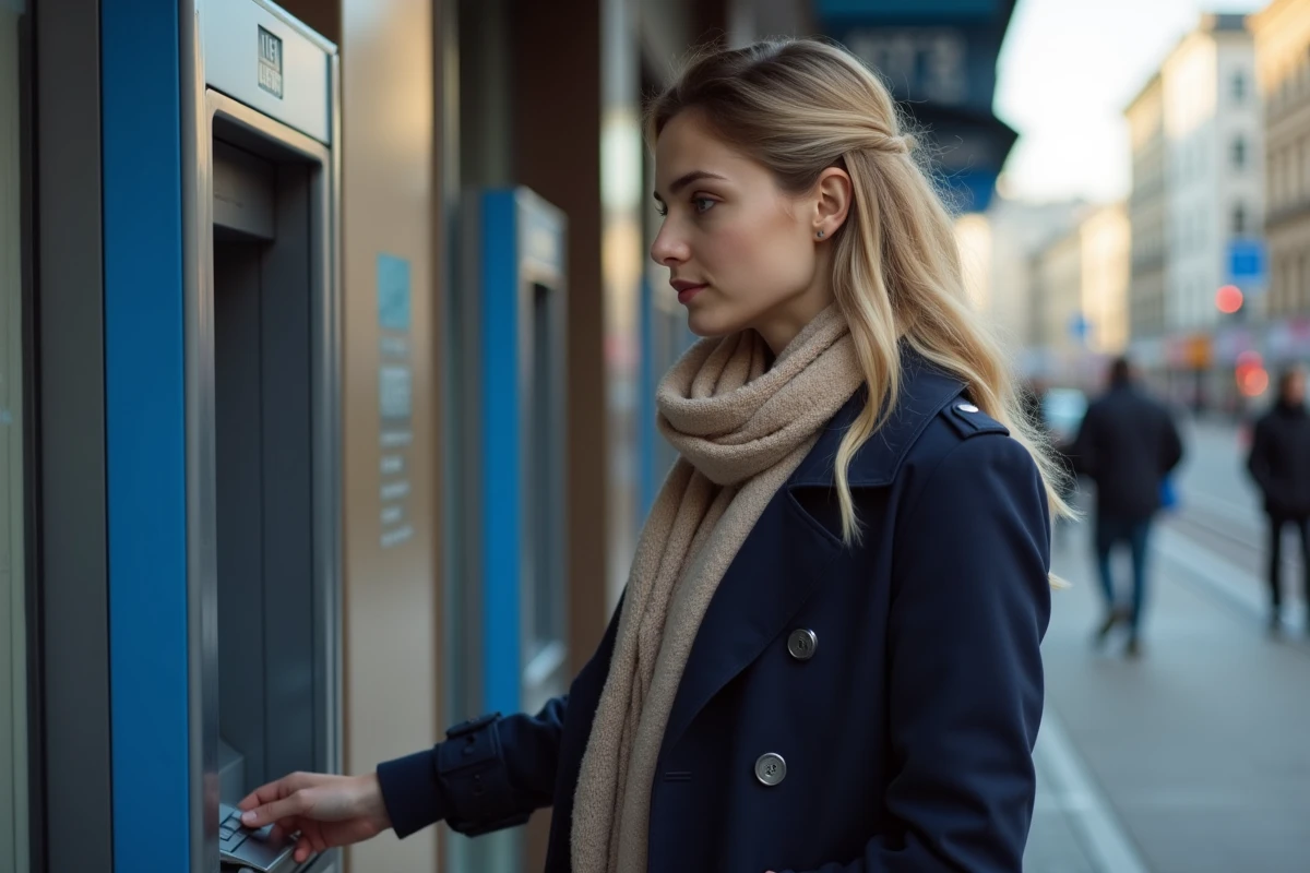 Jeune femme utilisant un distributeur en ville