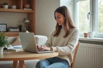 Femme utilisant la banque en ligne à son bureau lumineux