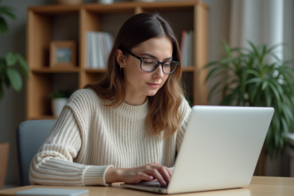 Jeune femme vérifiant ses finances sur un ordinateur portable à domicile