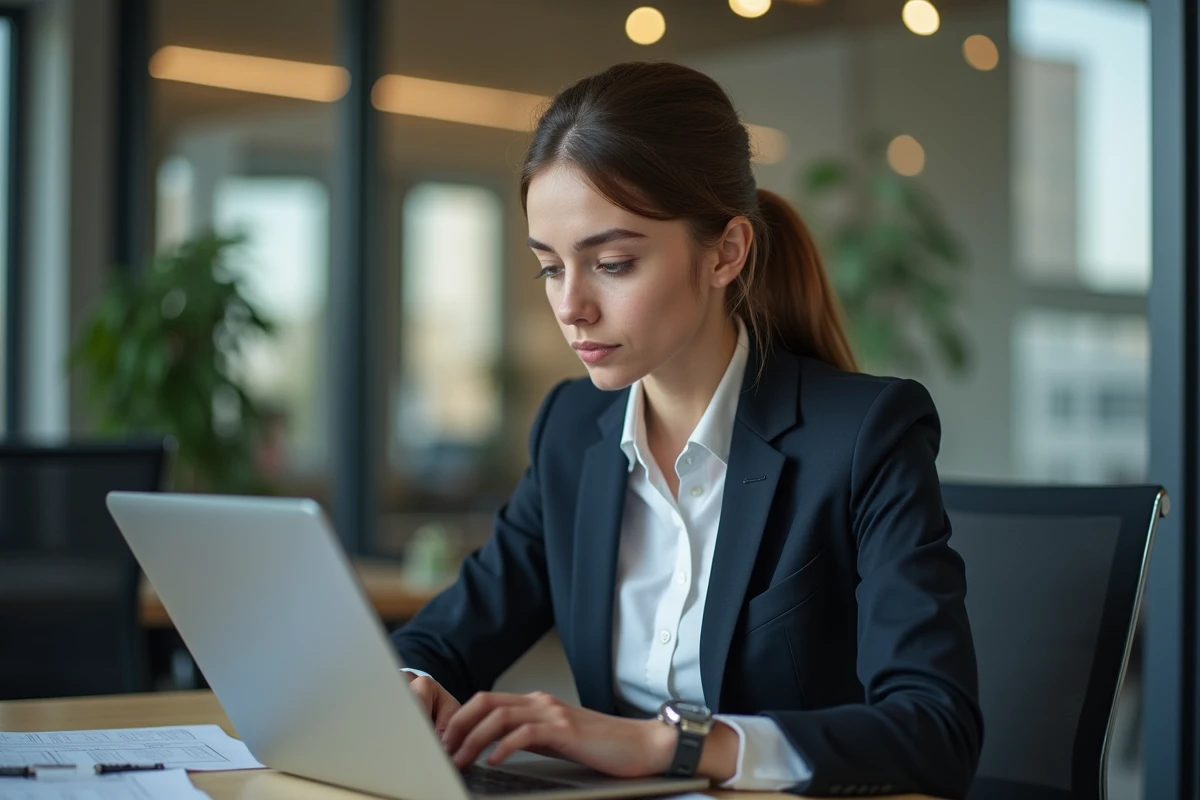 Jeune femme en tenue professionnelle regardant son ordinateur