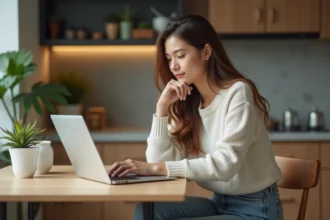 Jeune femme au bureau à la maison utilisant un ordinateur portable