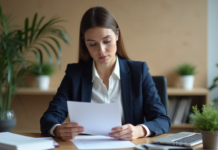 Prêt non garanti : montant et conditions, nos conseils pour obtenir le meilleur financement Femme en blazer bleu dans un bureau moderne lisant des documents