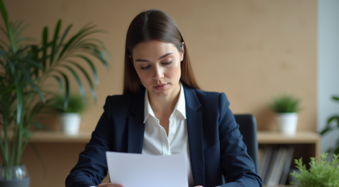 Femme en blazer bleu dans un bureau moderne lisant des documents