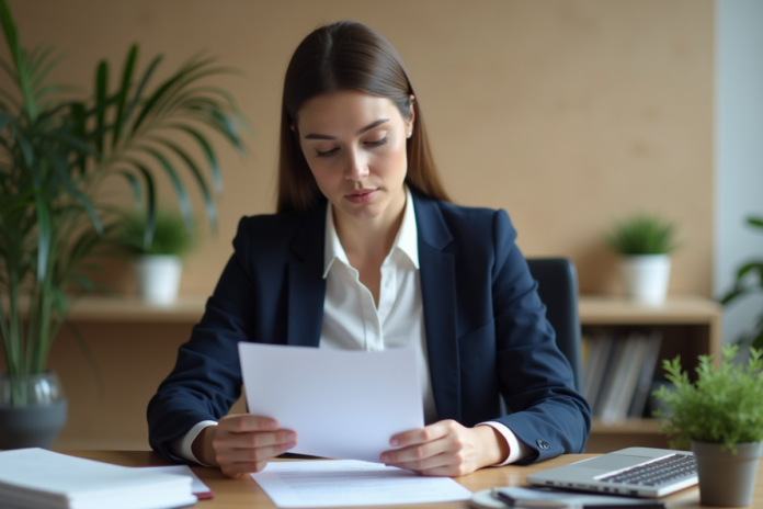 Femme en blazer bleu dans un bureau moderne lisant des documents