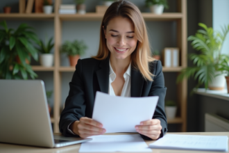 Jeune femme au bureau organisée et souriante