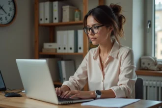 Femme au bureau organisé utilisant un ordinateur portable