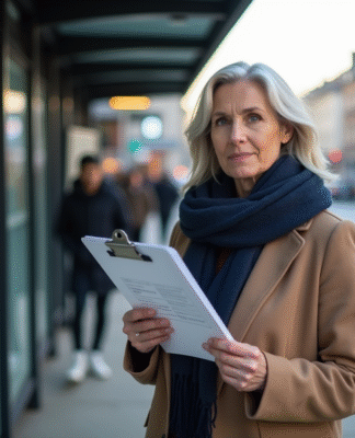 Femme avec un quota carbone à l'arrêt de bus en ville