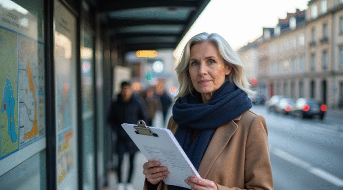 Femme avec un quota carbone à l'arrêt de bus en ville