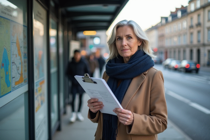 femme-bus-quota Femme avec un quota carbone à l'arrêt de bus en ville