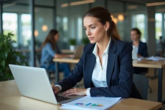 Femme cadre en entreprise analysant les données de salaire moyen en France sur un ordinateur portable